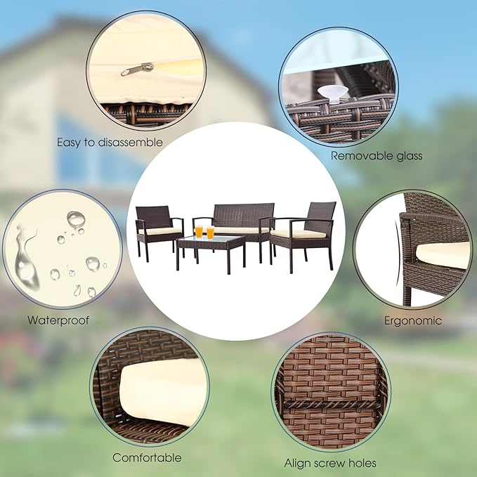 PAOLFOX 4 Piece Outdoor Patio Furniture Set, Rattan Patio Conversation Set with Table,Modern Wicker Chairs and Table Sets,Outdoor Furniture for Porch, Garden, Lawn,Beige