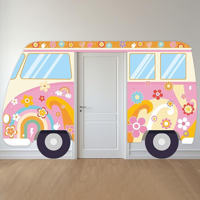 Hippie Bus Porch Signs Banners Groovy 60s Retro Bus Door Decor Hippie Party Supplies Daisy Door Backdrop 70s Daisy flower ...