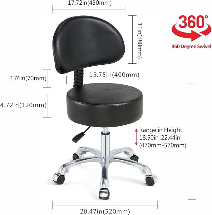Black Lift Swivel Rolling Stool Round Chair,Thick Sturdy Padding,Adjustable Stool with Wheels for Doctor,Medical,Massage Salon,Office,Shop(with Back, White)