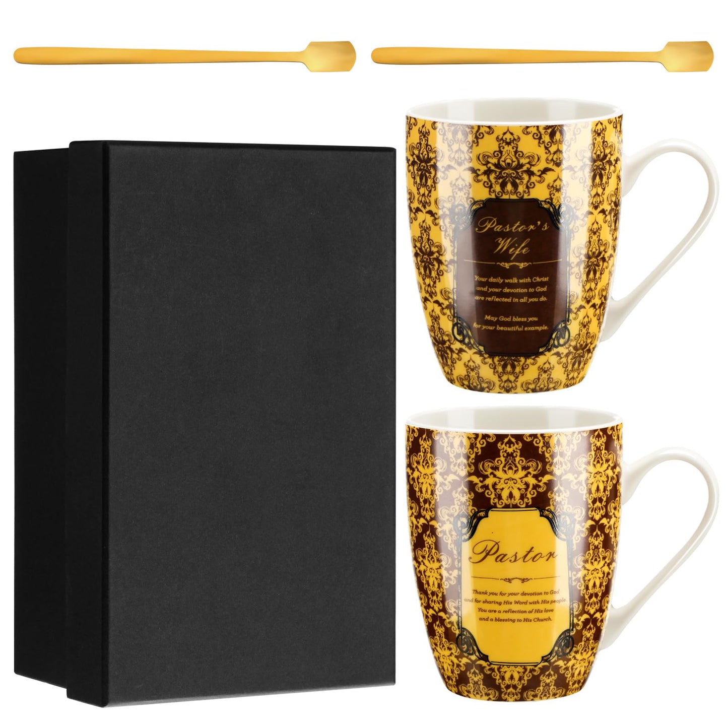 Shellwei 2 Sets Pastor Appreciation Gifts Pastor and Wife Stoneware Coffee Mugs with Gift Box Golden Coffee Spoons Pastor Gifts for Men Women Pastor and Wife Appreciation Gifts for Xmas Christian
