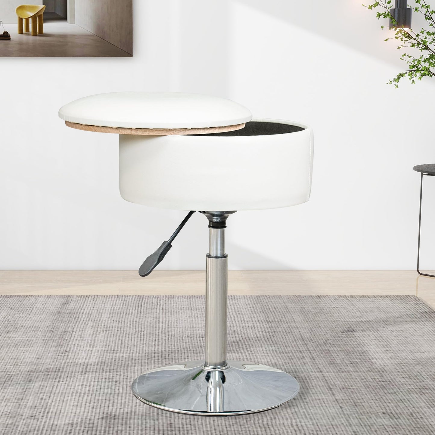 LITZFUR Vanity Stool for Makeup Room, Round Storage Ottoman Height Adjustable Leather Vanity Chair, 360° Swivel Footrest for Living Room Bedroom, White