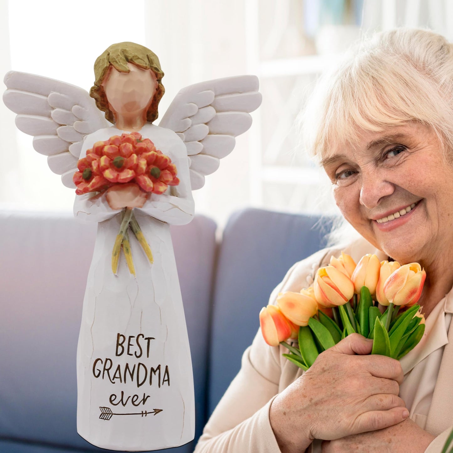 AUKEST Grandma Gifts for Birthday Mothers Day, New Grandma Gifts, Gift for Grandma, Grandmother Gifts, Best Grandma Gifts, Sculpted Hand-Painted Figure (Red-Orange Flowers)