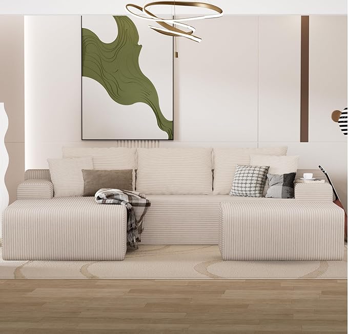 NAYA 106” Modular Sectional Sofa, Cloud Sectional Couch with Deep Seat, Modern Modular L-Shape Sofa Boneless Couch with Chaise for Living Room Bedroom (Beige, U-Shaped Minimalist Sofa)