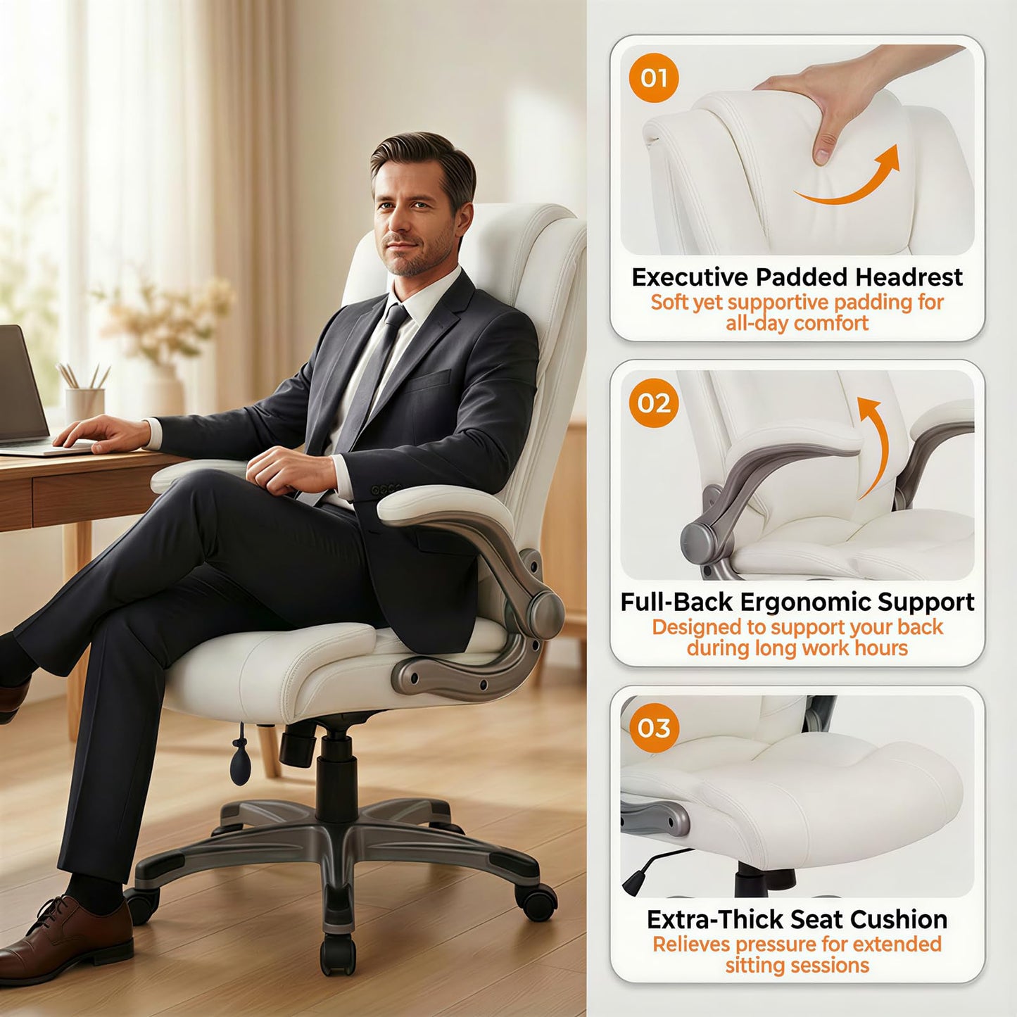 COLAMY Ergonomic Executive Office Chair, High-Back PU Leather Desk Chair with Flip-Up Armrests, Adjustable Inflatable Lumbar Support, Thick Seat Cushion, 90–110° Recline, Pearl White