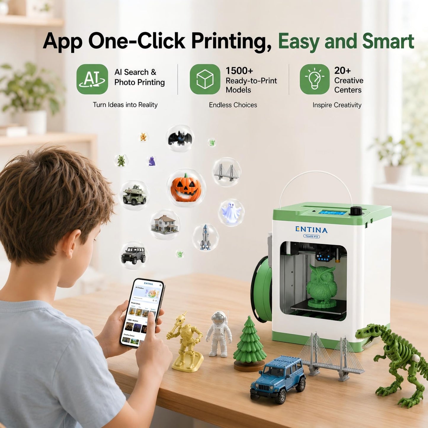 Entina TINA2S 3D Printers with WiFi Cloud Printing, Fully Assembled with Auto Leveling, Huge Library, DIY Mini 3D Printer for Beginners and Kids, High Precision 3D Printer for Home, Office & School
