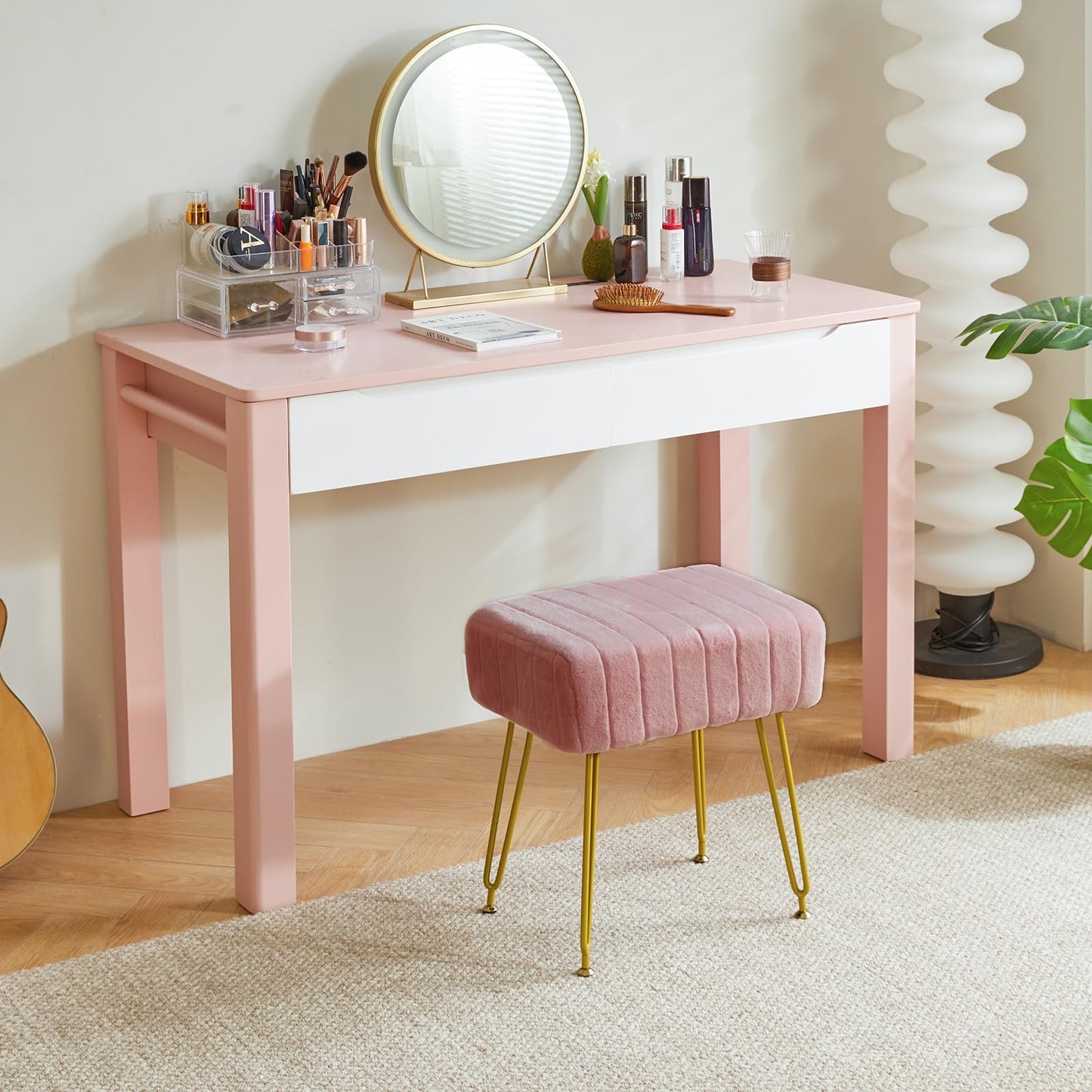 IBUYKE Velvet Rectangular Footrest Ottoman, Makeup Vanity Stool Side Table, Velvet Dressing Table Seat, Pouf Couch Stool, Golden Steel Legs, Pink LG-51P