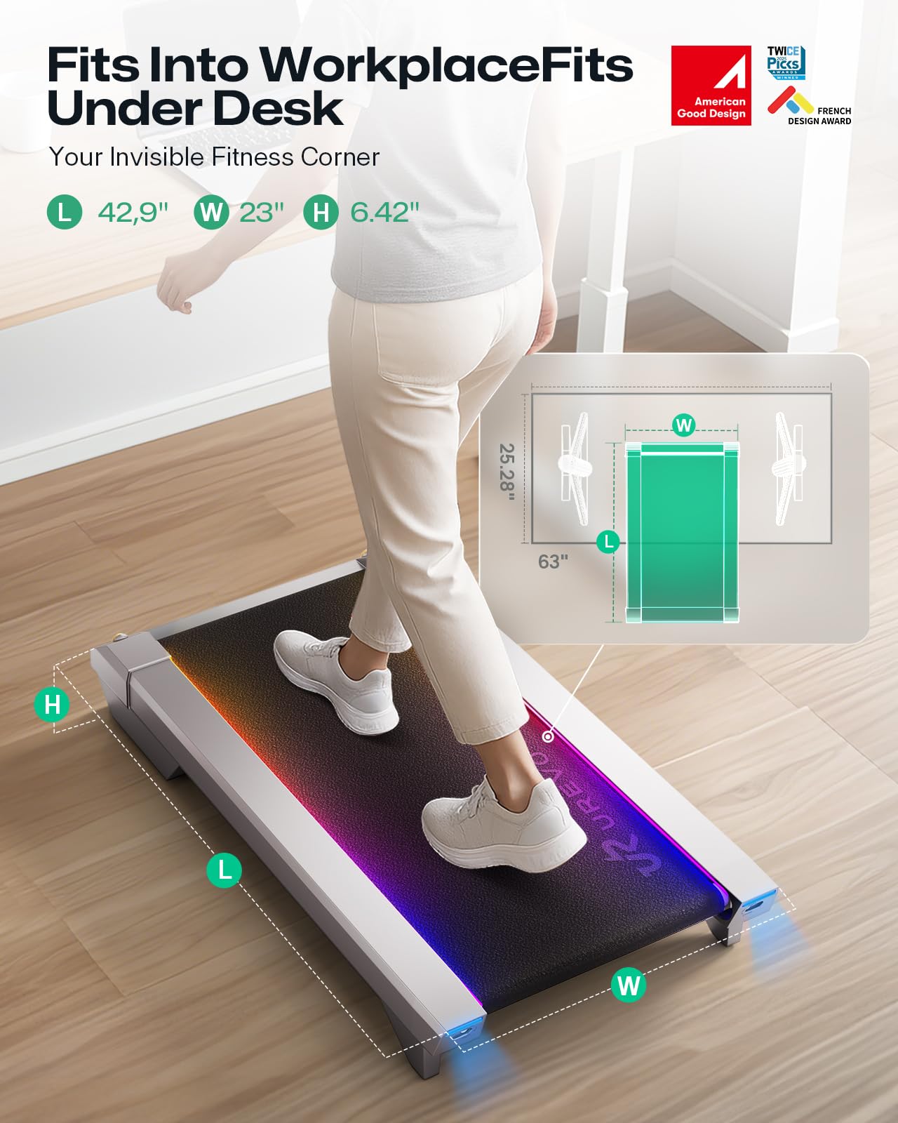UREVO CyberPad Smart Walking Pad with 14% Auto Incline, Brushless Motorized Under Desk Treadmill for Office Fitness, Elegant Speed Lights, Spacious Surface, Digital Controller, AI-Powered App,Silver
