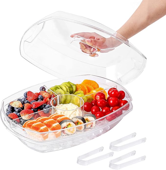 IVYHOME 3-Tier Chilled Serving Tray with Lid, 15" Fruit Ice Serving Platter with 4 Compartments, Shrimp Cocktail Serving D...