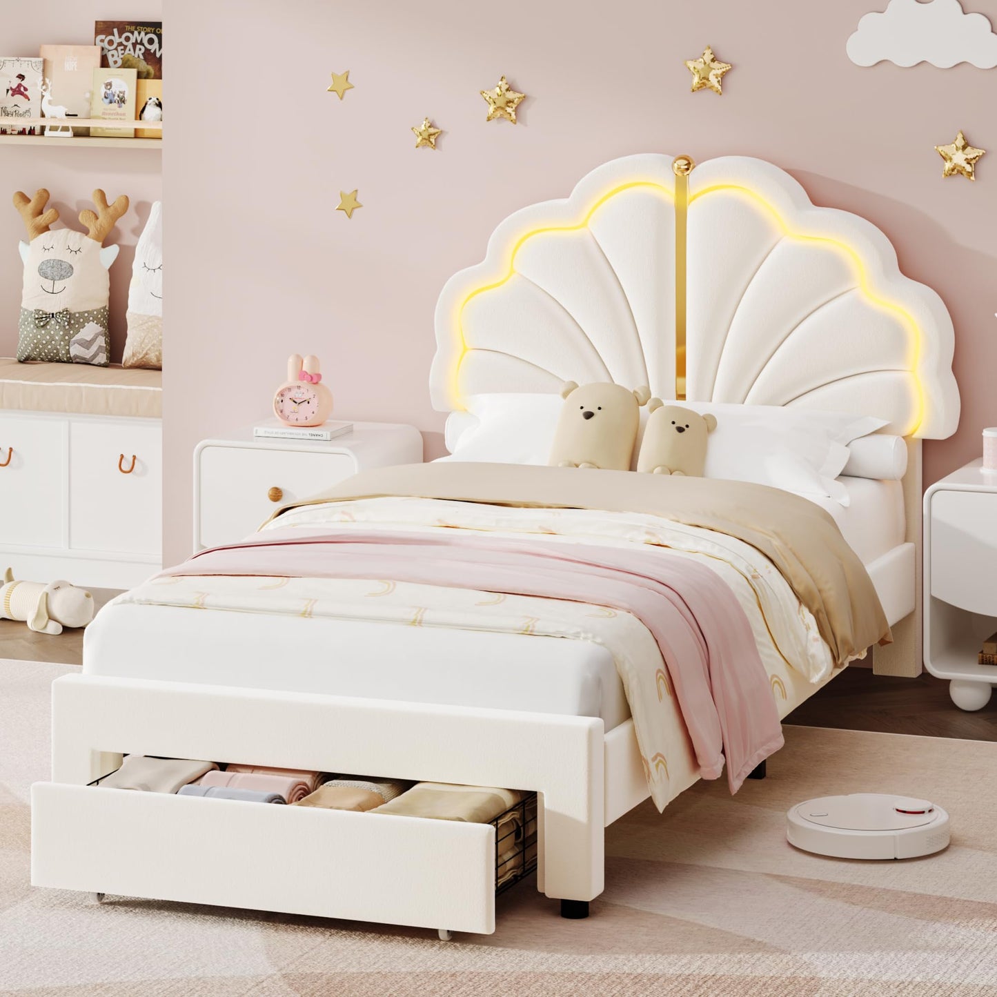 Keyluv Twin Upholstered LED Bed Frame with Storage Drawers, Soft Velvet Princess Platform Bed with Adjustable Cute Shell Headboard, No Box Spring Needed, Noise-Free, Beige