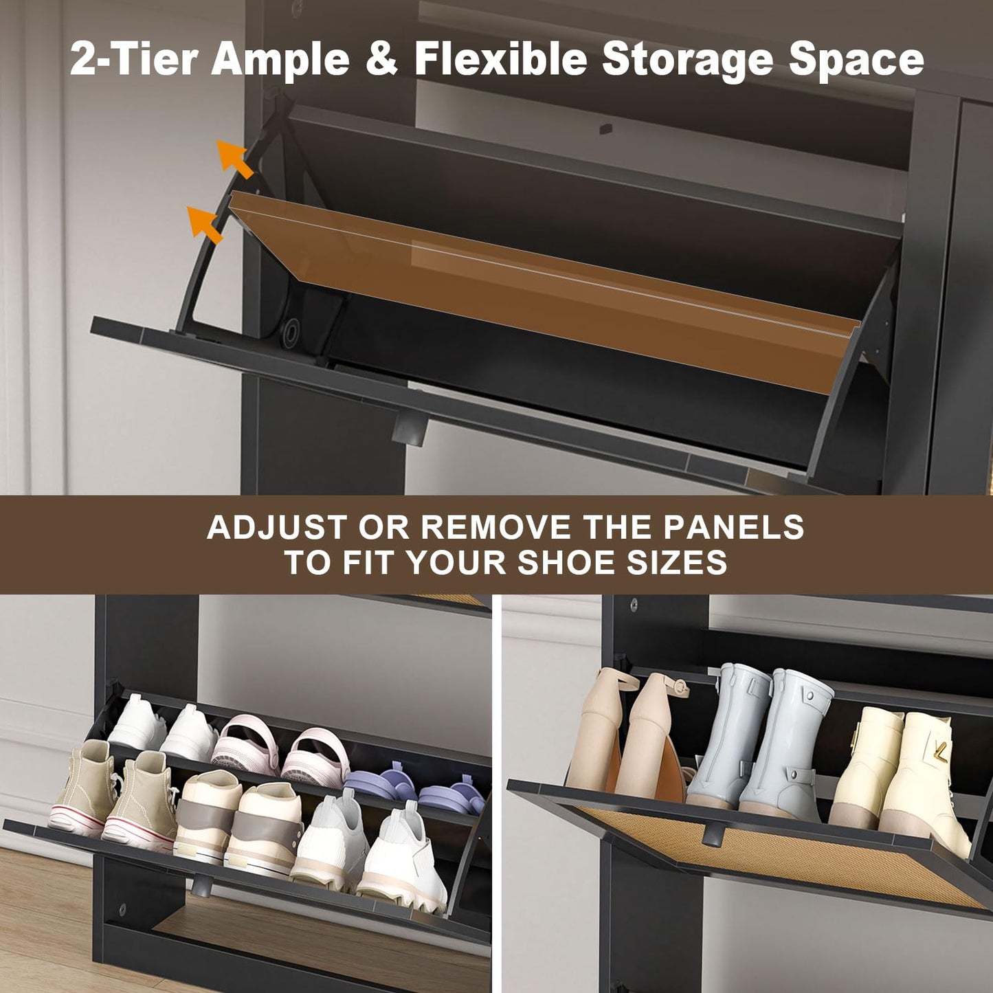 Skokliz Rattan Shoe Storage Cabinet with 4 Flip Drawers, Freestanding Hidden Shoe Cabinet Organizer with Adjustable Shelf, Narrow Shoe Cabinet for Entryway Hallway Living Room