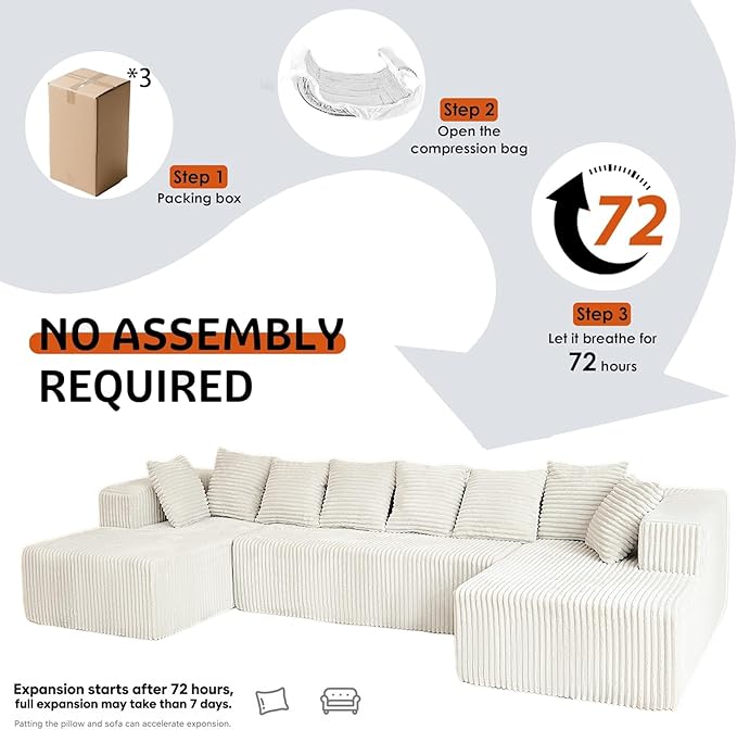 SEENYOO 130" Boneless Couch, Cloud Couch Sectional, Corduroy Sofa for Living Room, U Shaped Modular Sofa with Chaise, No Assembly, 4 Seats Oversized (White)