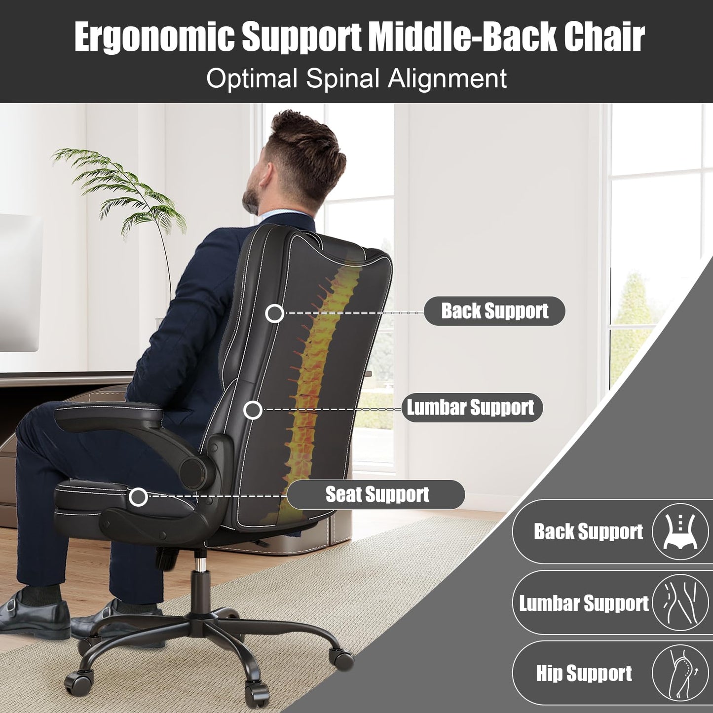 Ergonomic Office Chair with Flip-up Armrests, 300lbs Mid Back Computer Office Desk Chair with Lumbar Support, Executive Leather Chair with Rocking Function Adjustable Height for Home Office