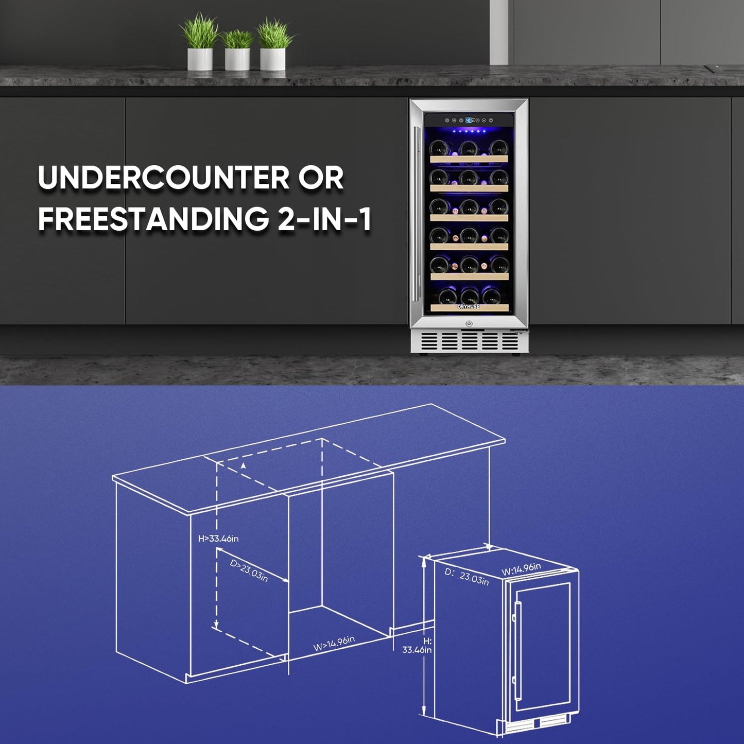 ORYMUSE 15 Inch Wine Cooler Under Counter, 30 Bottle Wine Fridge with Stainless Steel Glass Door, Built-In or Freestanding Wine Cellar with Removable Shelves and Digital Temperature Control