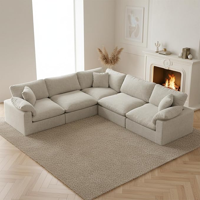 Forest aesthetics 211.6" Cloud Modular Sectional Sofa,Light Beige Down Filled Sofa 5 Seat,Minimalist Sofa Cover Washable and Replaceable Couches for Living Room,Sectional Sofa Deep Seat