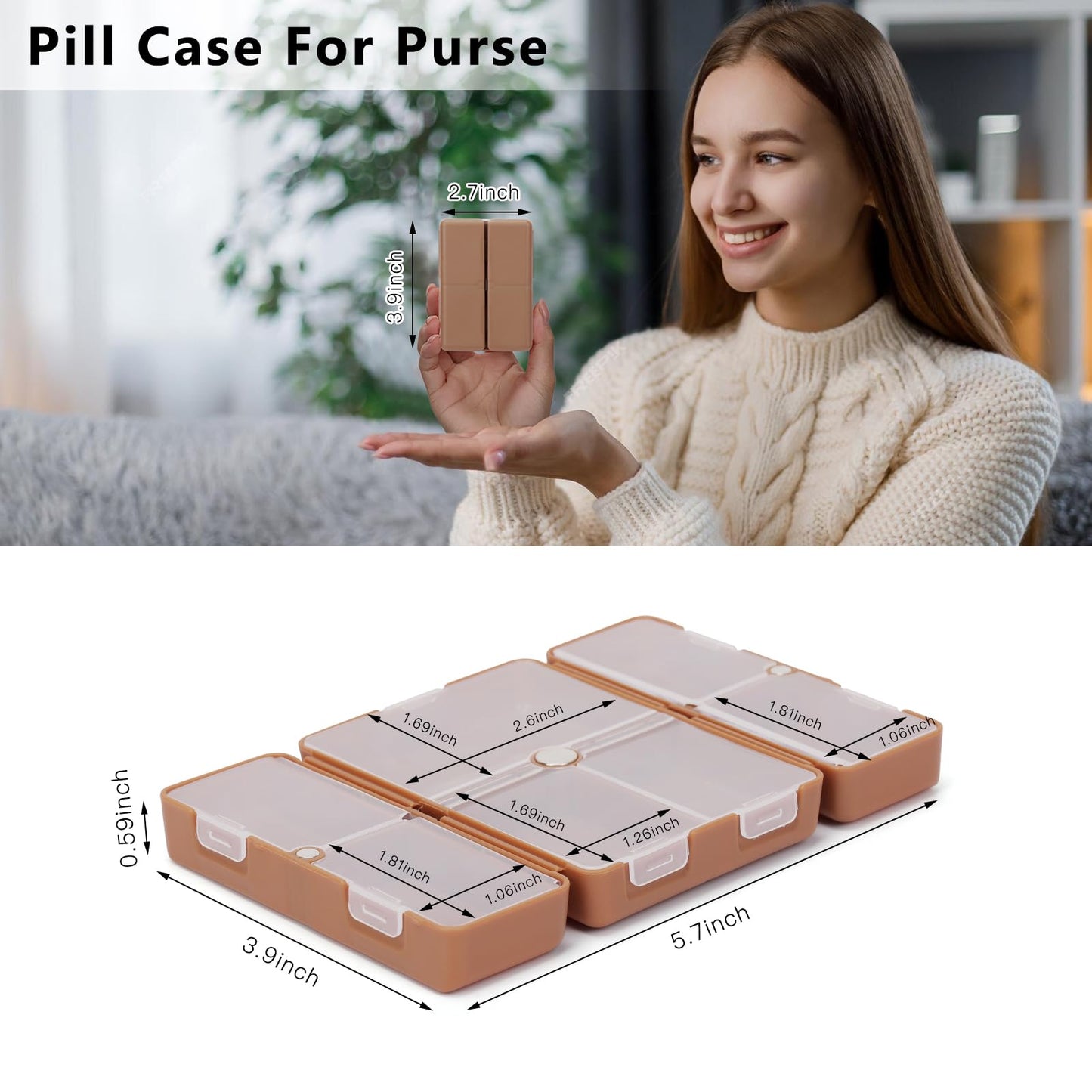 FYY Daily Pill Organizer,2 Pcs 7 Compartments Portable Pill Case Travel Pill Organizer,[Folding Design] Pill Box for Purse Pocket to Hold Vitamins,Cod Liver Oil,Supplements and Medication-Brown
