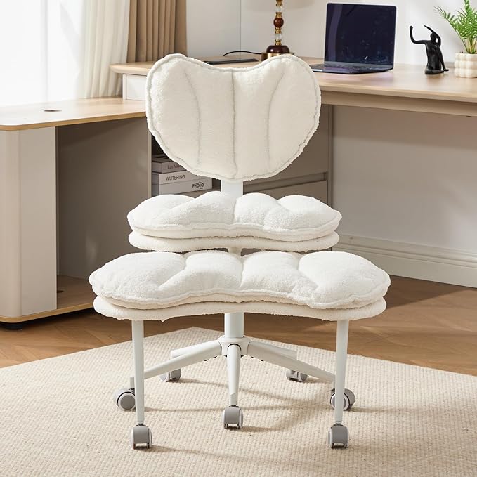 Cross Legged Office Chair with Wheels, Double-Layer Cushion & Backrest, 360° Swivel Meditation Yoga Chair, Adjustable Height Ergonomic Desk Chair for Adults & ADHD, Teddy Fabric, Ivory