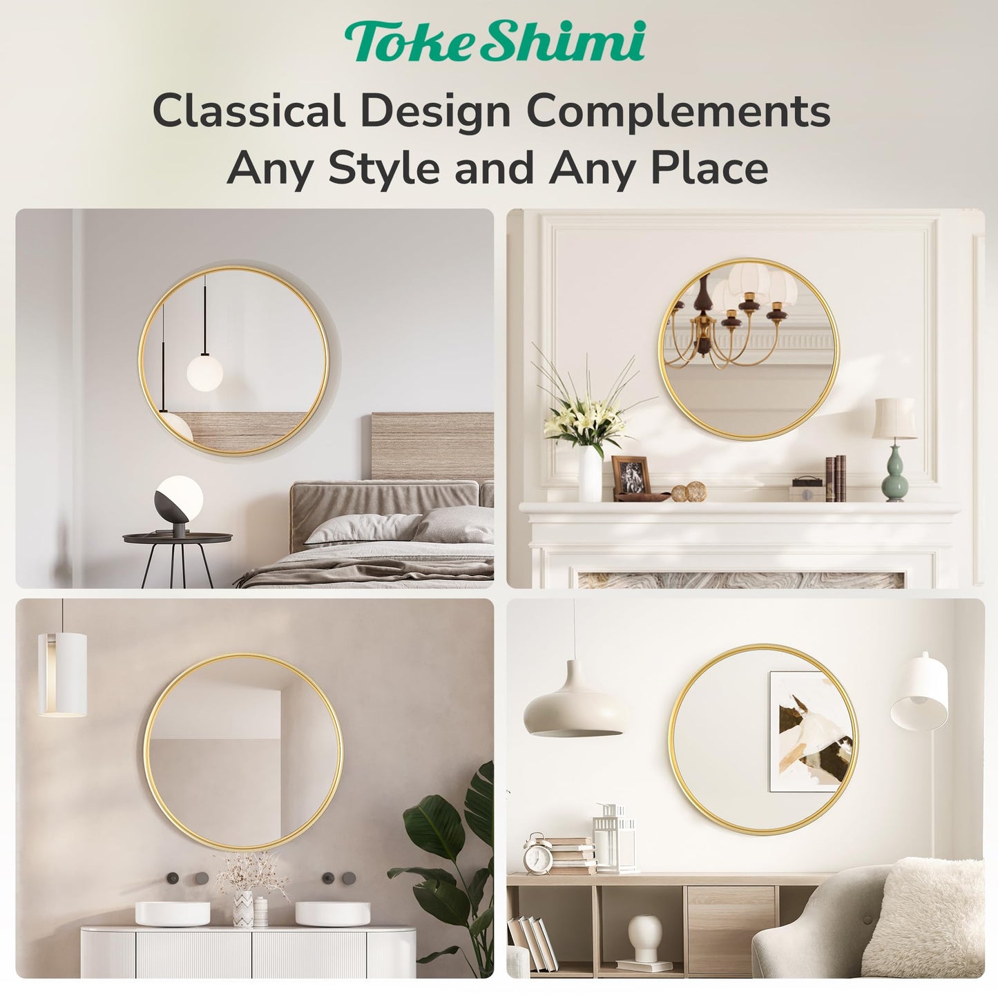 TokeShimi 16 in Round Gold Mirror Framed, 16 x 16 Shatterproof Circle Bathroom Vanity Mirror Wall Mounted Aluminum Wall Mirrored Farmhouse for Entryway, Bedroom, Restroom, Vanity, Living Room