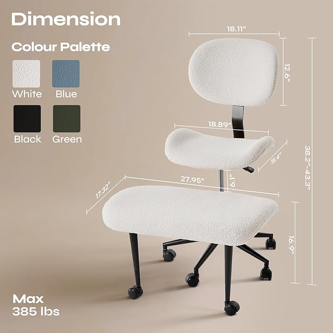 Cross Legged Office Chair with Wheels for ADHD, Ergonomic 360° Swivel Height-Adjustable Meditation Chair for Yoga, Wide Kneeling Chair with Strong Lumbar Support, Teddy Fabric, Off White