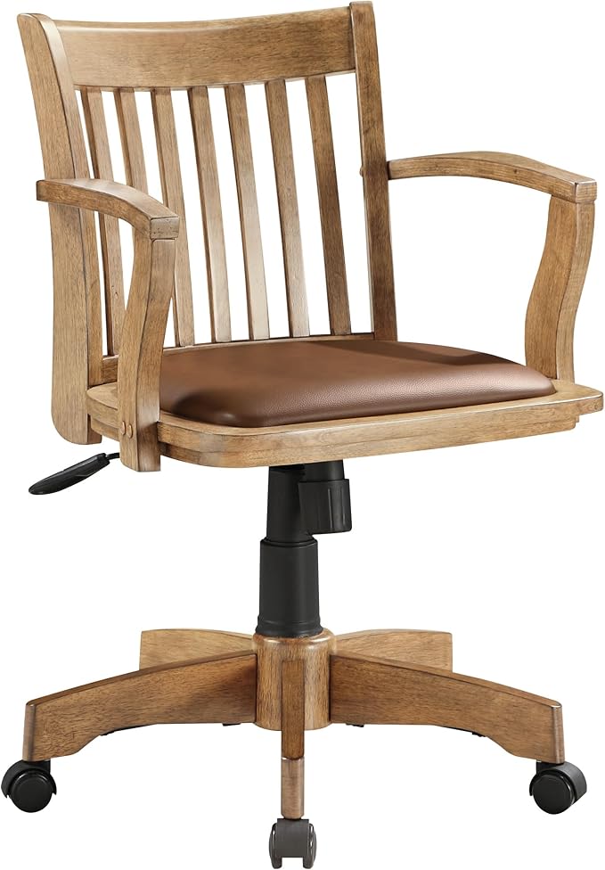 OSP Home Furnishings Deluxe Wood Banker's Desk Chair with Padded Seat, Adjustable Height and Locking Tilt, Fruitwood Finish and Brown Vinyl