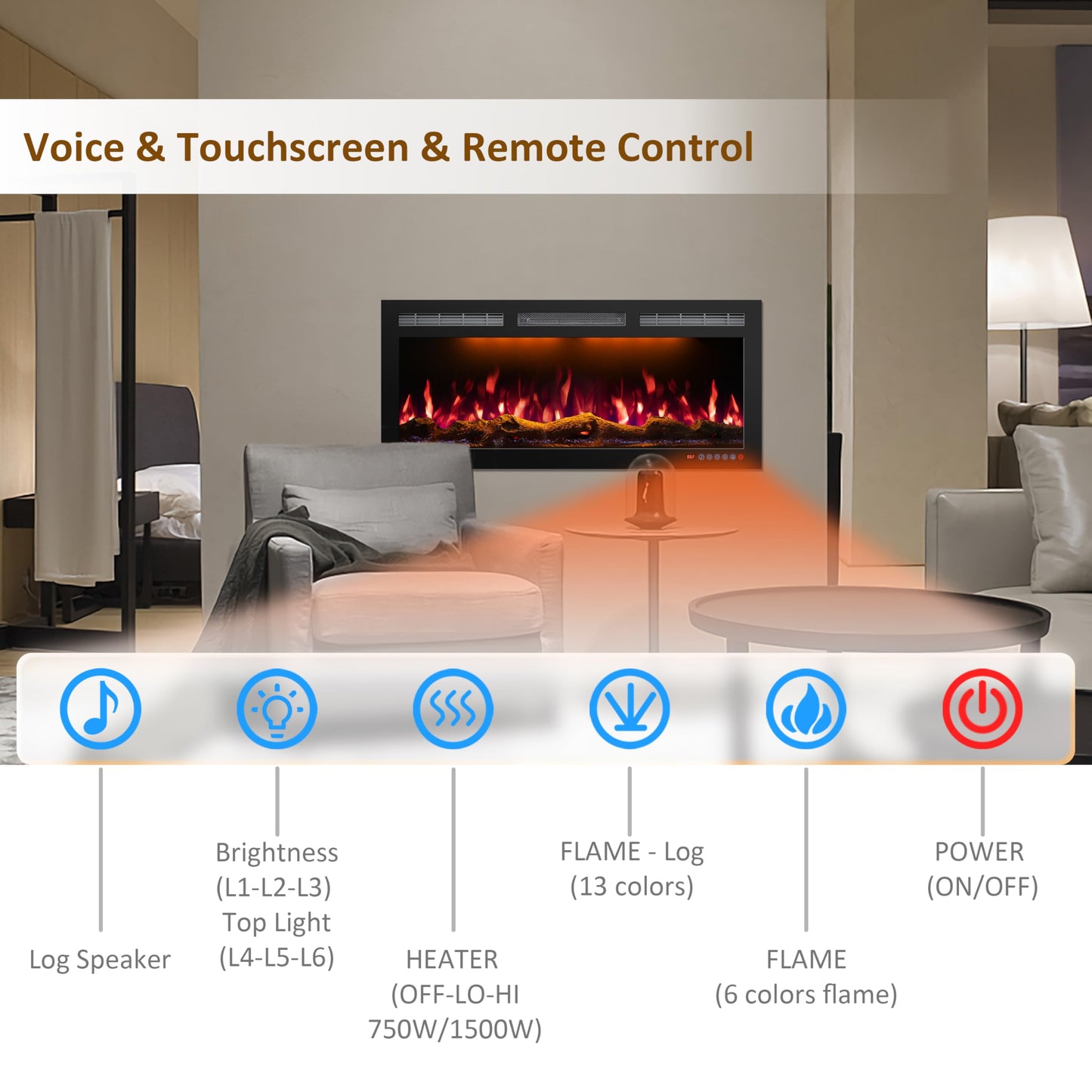Mystflame Wifi-Enabled Electric Fireplace Recessed & Wall Mounted, 60 Inch Slim Electric Fireplace Heater, 750/1500W, Adjustable