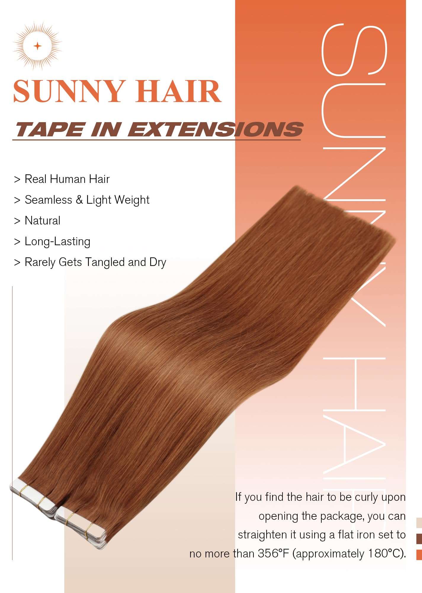 Sunny Hair Copper Tape in Hair Extensions Human Hair Glue in Hair Extensions Straight Tape ins Hair Extensions Copper for Women