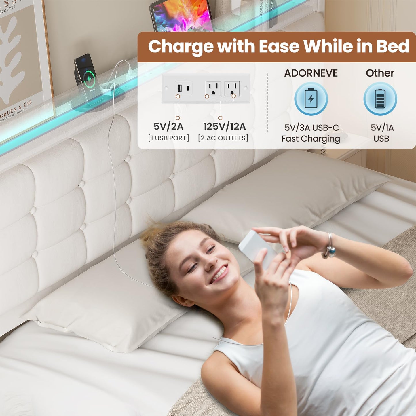 ADORNEVE King Bed Frame with Storage Headboard & 4 Drawers, LED Bed Frame King with Charging Station, Leather Upholstered Platform Bed Frame with Button Tufted, No Box Spring Needed, Creamy White