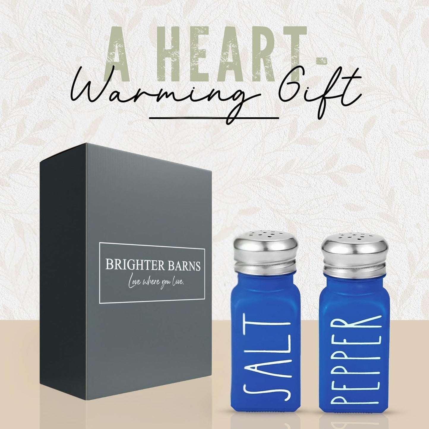 Blue Salt and Pepper Shakers Set by Brighter Barns - Cute Glass Shakers with Stainless Steel Lids - Modern Farmhouse Kitchen Decor and Accessories for Home, Restaurants, Hotel, Vacation Rental (Blue)