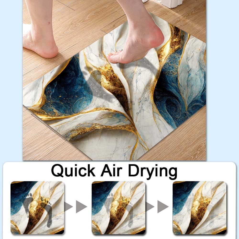 Bath Mat Rug,Abstract Blue and gold marble Non Slip Quick Dry Super Absorbent Thin Bathroom Rugs Fit Under Door-Easy to clean Bathroom Floor Mats-Shower Rug for Shower Sink Bathtub(16" x 24"In)