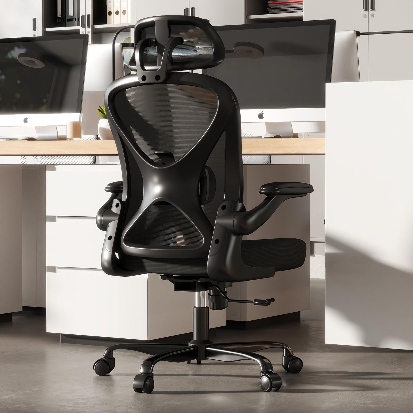 ZZH Ergonomic Office Chair with Adjustable Lumbar Support and Headrest, Mesh Home Office Desk Chair with Wheels and Flip-up Arms, Black