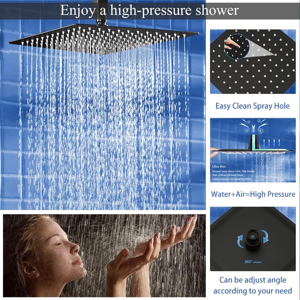YCAIKOI 12 Inch Matte Black Ceiling Mount Shower System Bathroom Luxury Rain Mixer Shower Combo Set Ceiling Rainfall Shower Head System Faucet Contain Rough-in Valve and Trim Included