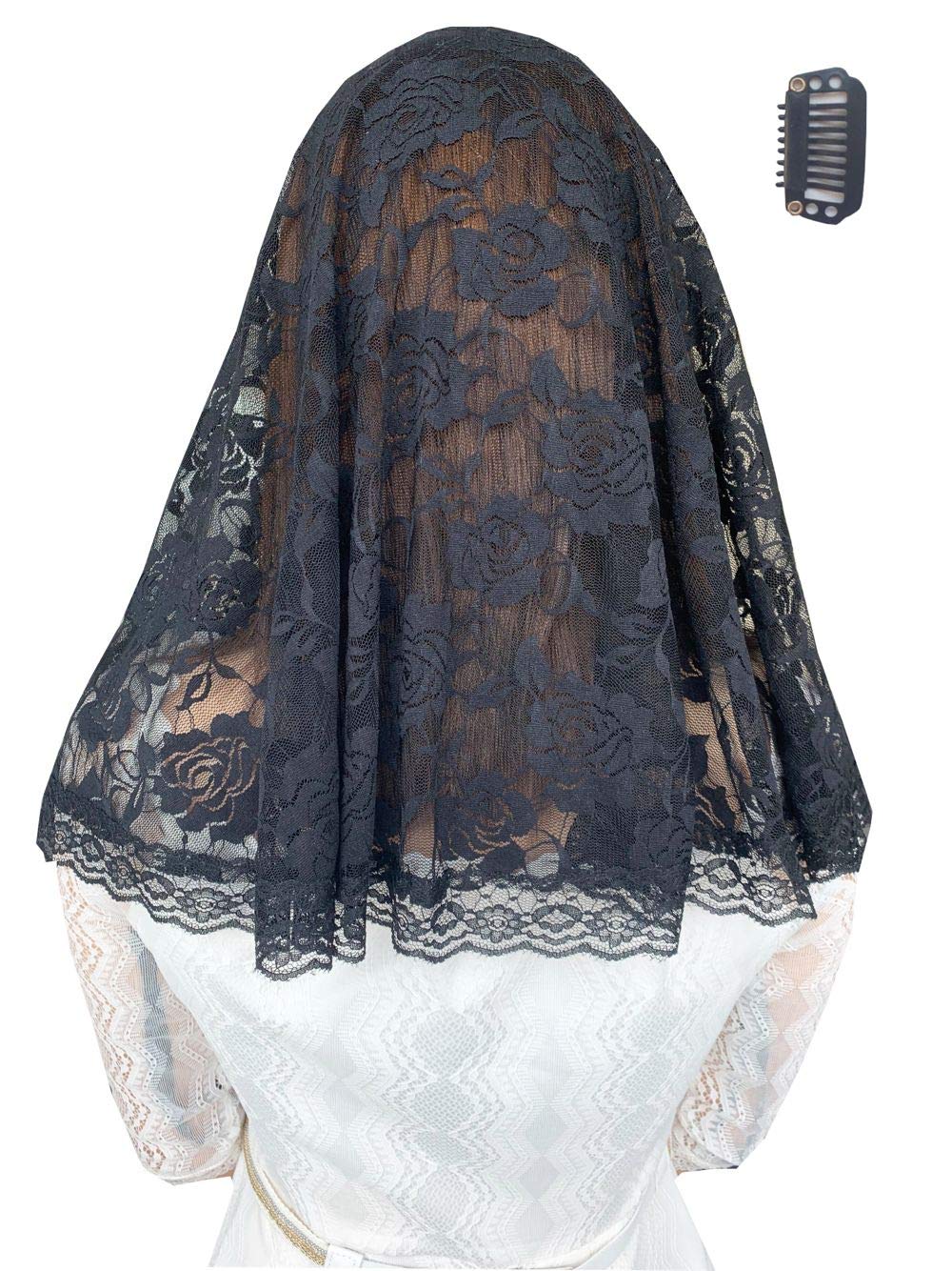 Grettytling Lace Mantilla Veil Soft and comfortable 7 Colors Spanish Style Rose Lace Veil Head Covering D Shape (Black)