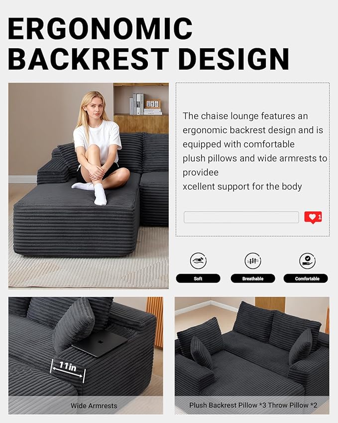 108 Inch Cloud Sectional Couch,Modern Modular Sectional Sofa with Deep Seat,Corduroy Boneless Couches with L-Shape Chaise for Living Room,No Assembly Required (Black, Left Facing Chaise)