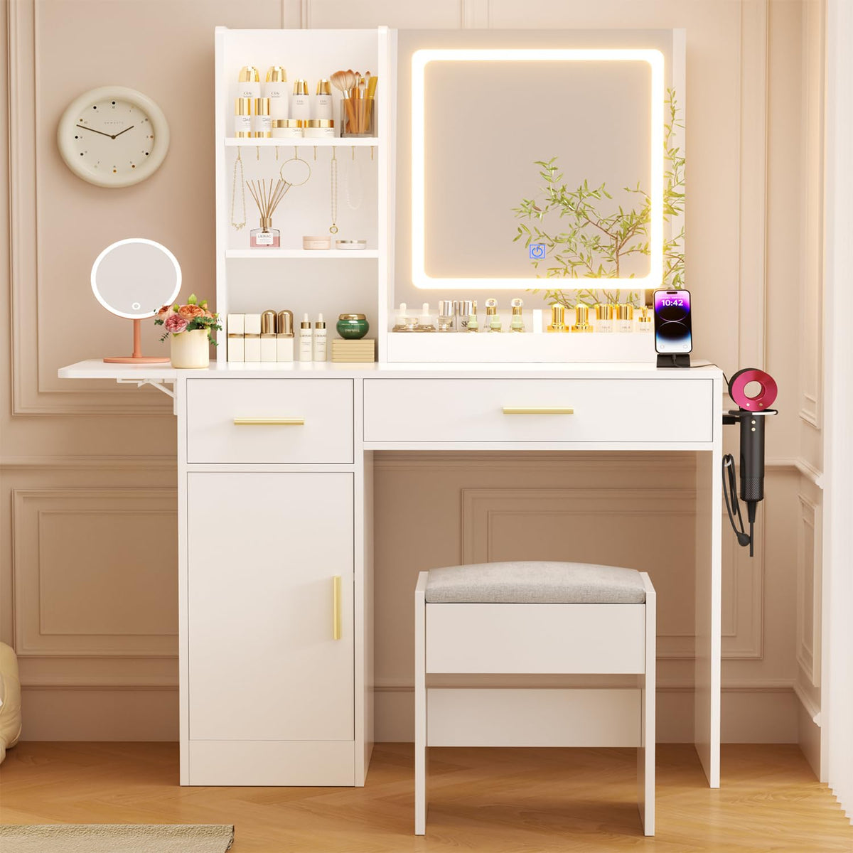 ERLEJIA Vanity Desk with Mirror and Lights & Extral Foldable Desk, 35.43" & 43.3" Makeup Vanity Table with Stool and Plug Outlet, 5 Drawers and Open Shelves Dressing Table for Bedroom, White and Gold