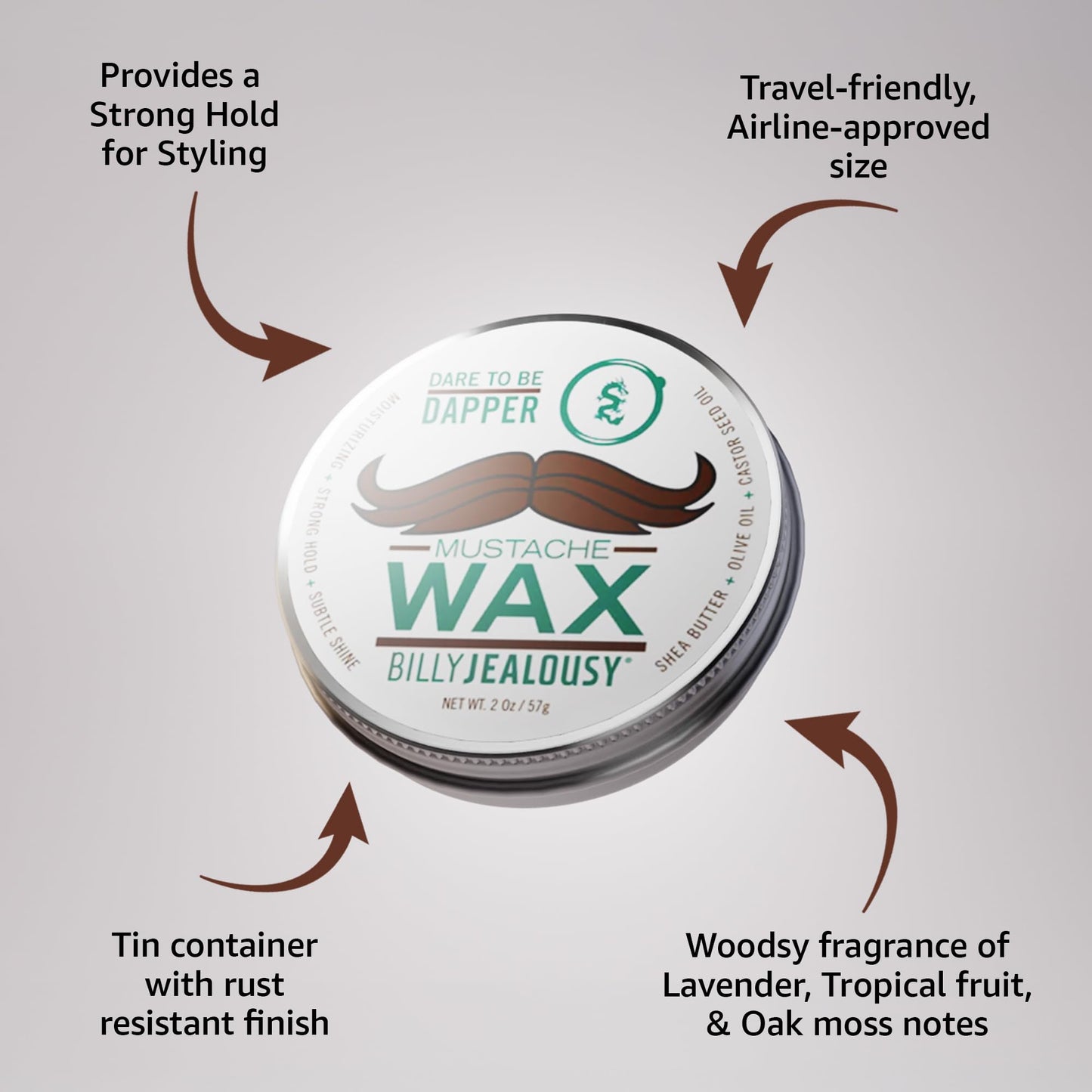 Billy Jealousy Bulletproof Strong Hold Mustache Wax, Conditioning Travel-Friendly Styling Product with Woodsy Lavender, Tropical