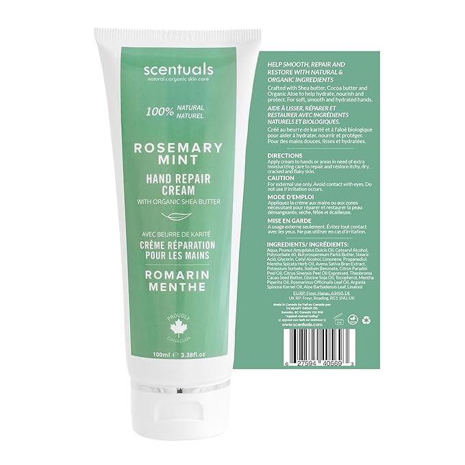 Hand Cream with Rosemary & Mint Essential Oil, Shea Butter, Cocoa Butter, Argan & Almond oil, Vitamin E and Aloe Vera, for Moisturizing Dry Hands, Cruelty Free, Natural Skin Care, 100 ml, 3.4 fl.oz