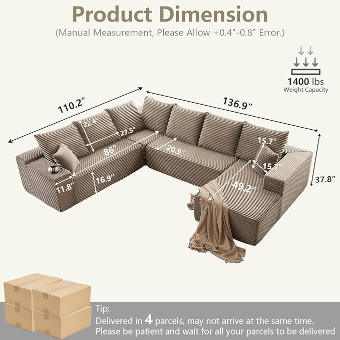 Cloud Sectional Couch with L-Shape Chaise, Modern Modular Comfy Sofa with Deep Seat, Upholstered Corduroy Couches Stupendous U Shaped Sofas for Living Room Bedroom, No Assembly Required, Camel