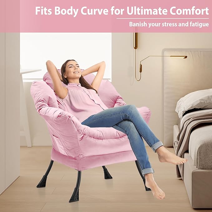Youtanic Lazy Chair Thick Padded, Comfy Velvet Accent Lounge Chair with Stable Frame, Leisure Sofa Armchair with Armrests and Side Pocket, Reading Chair for Bedroom, Living Room, Office, Pink