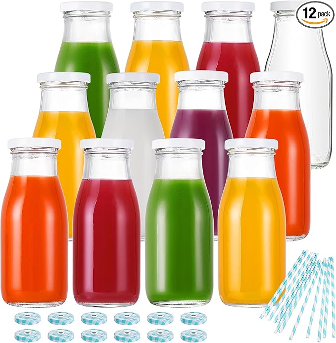 YEBODA 11oz Glass Milk Bottles with Reusable Metal Twist Lids and Straws for Beverage Glassware and Drinkware Parties, Wed...