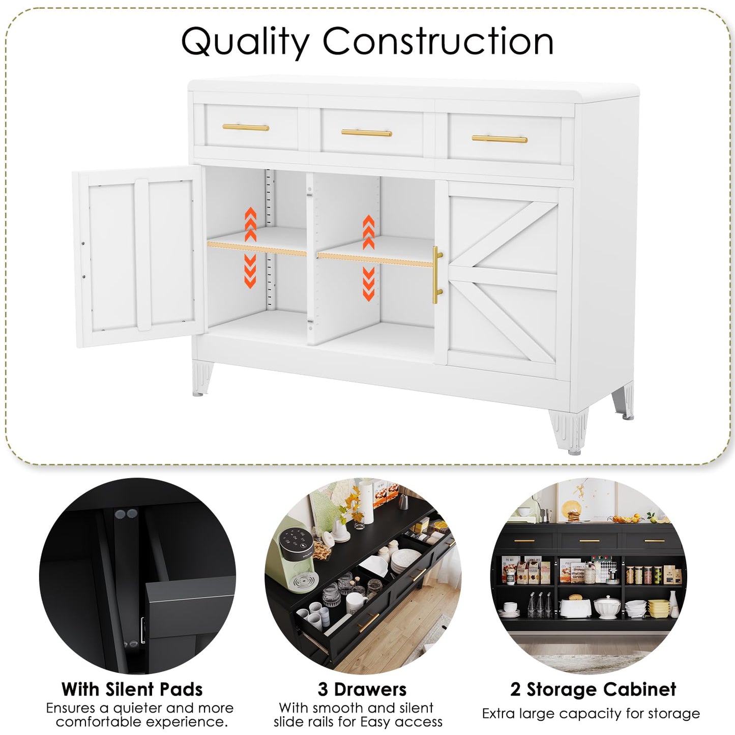 Sideboard Buffet Cabinet with Drawers, 47.2" Large Sideboard Cabinet with Doors & Adjustable Shelves, Modern Farmhouse Coffee Bar Console Table, Coffee Bar for Kitchen, Dining Room