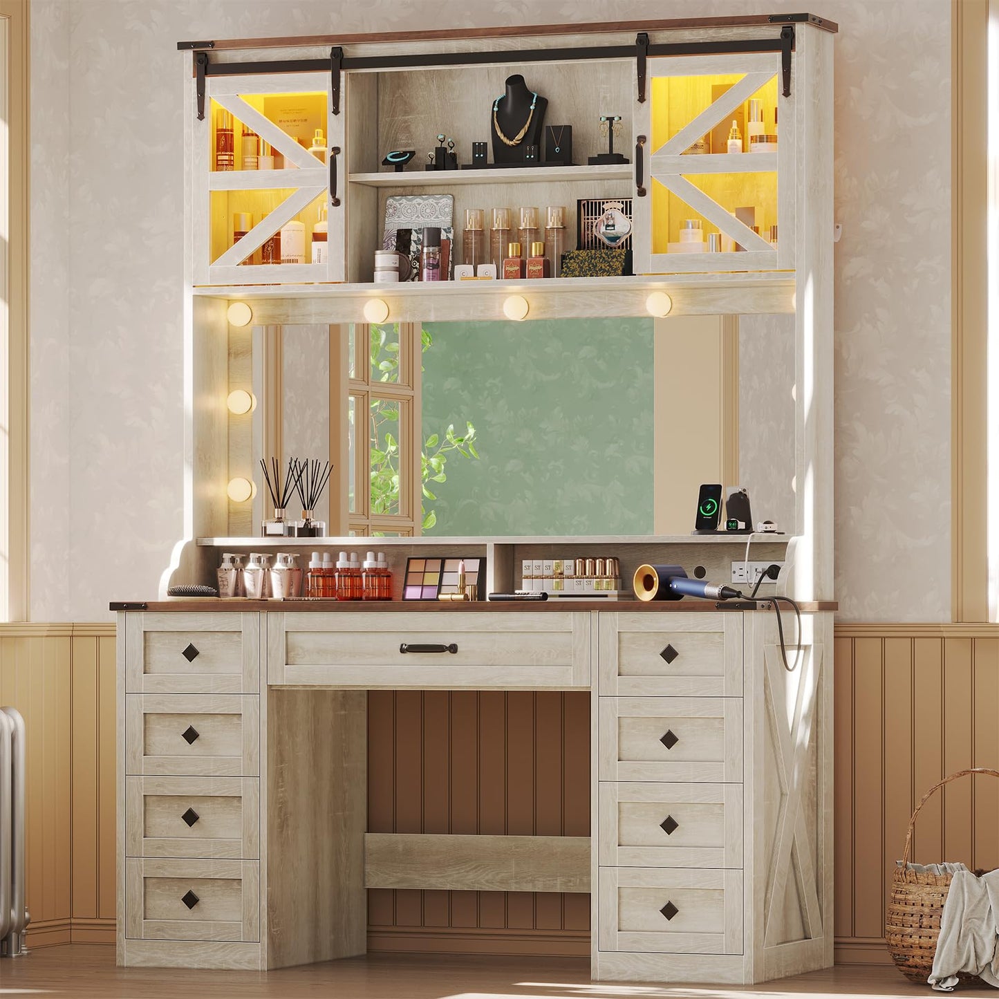 busyaeh Farmhouse Vanity Desk with Mirror and Lights,75.2" Makeup Vanity with 9 Drawers & 2 Sliding RGB Door and Charging Station,Vanity with 3 Color Light Modes,Big Vanity for Bedroom,Antique White