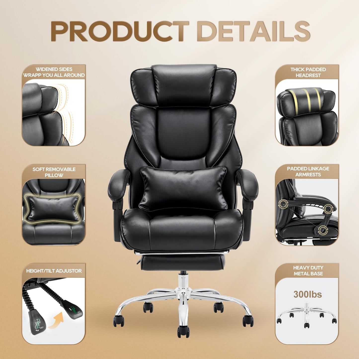 COLAMY Office Chair with Retractable Footrest, Ergonomic High Back Design Executive Computer Desk Chair with Removable Lumbar Pillow, 90-135°Reclining, Thick Bonded Leather, 2 PCs, Black
