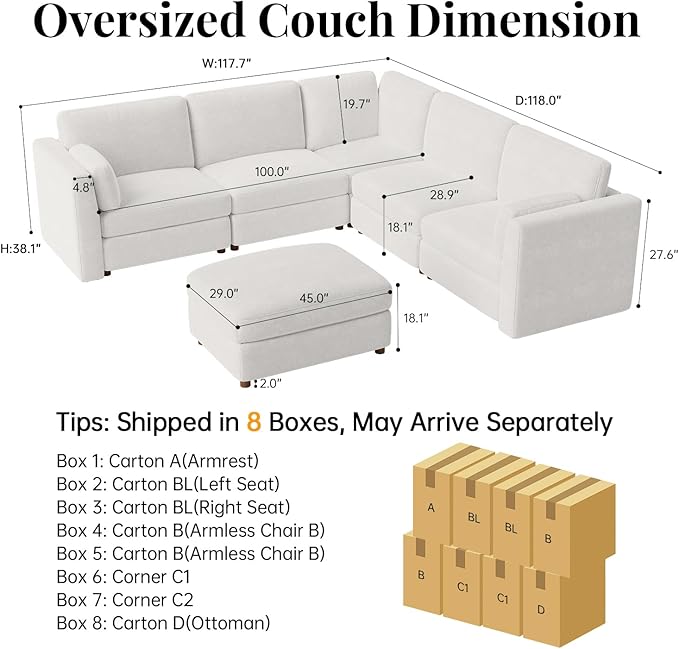CUGOAO 117.7'' Modular Sectional Sofa, Oversized L-Shaped Sectional Couch with Ottoman, Deep Seat Chenille Cloud Couch, Mordern Upholstered Couches for Living Room, Apartment, Office, Beige