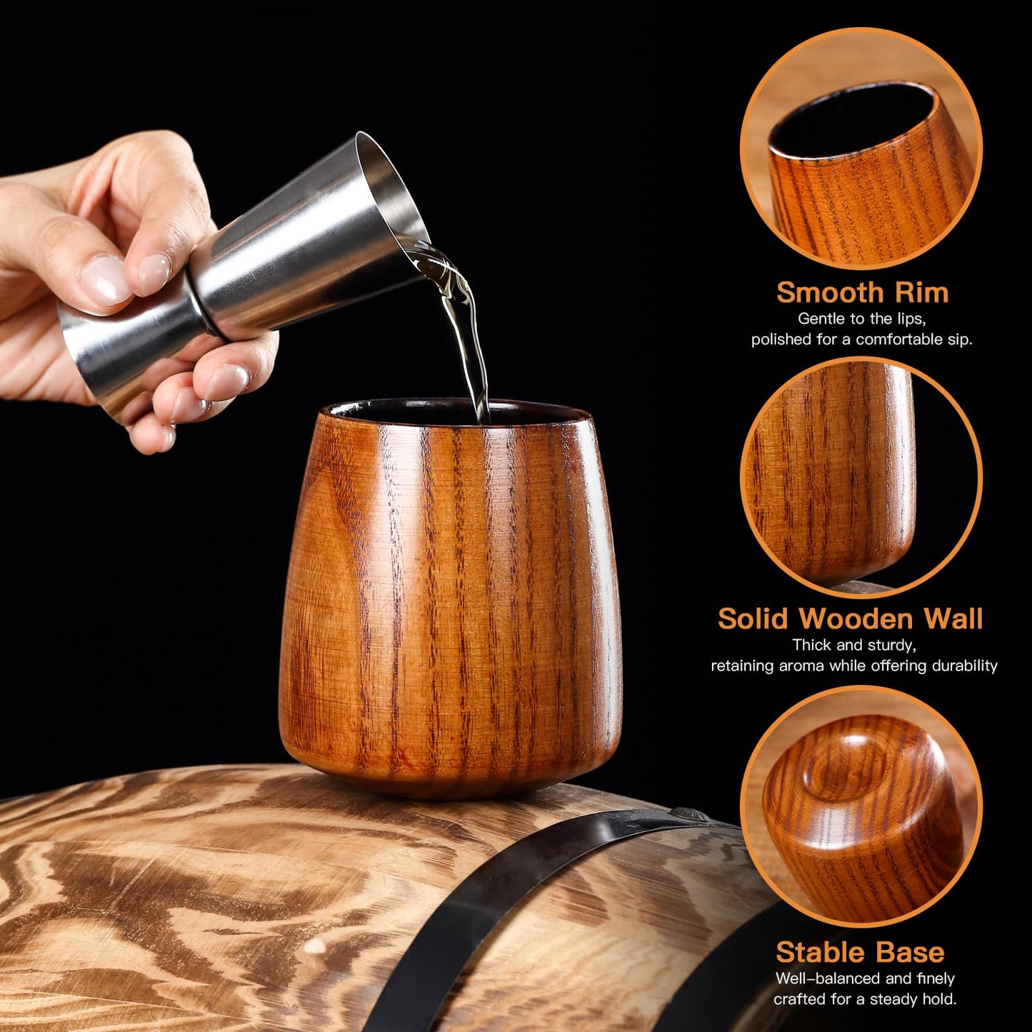 Wooden Whiskey Glass Set – 9oz Handcrafted Wooden Bourbon Tumblers with 6 Stones & A Stainless Steel Ice Tongs, Natural Charred Finish – Perfect Whiskey Gift for Dad Husband Brother Boyfriend