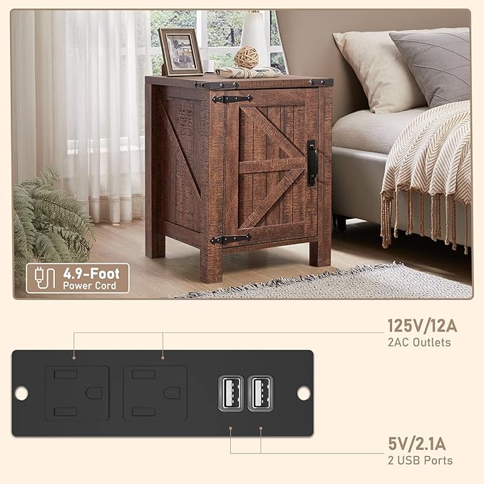 OKD Farmhouse Nightstand Set of 2 with Charging Station, 18 Inch Rustic End Table with Barn Door Cabinet, Adjustable Storage Shelf, Wood Sofa Side Table for Living Room, Bedroom, Reclaimed Barnwood