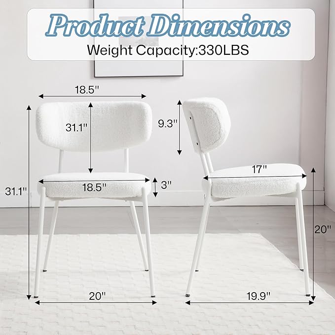 KCC Boucle Dining Chairs Set of 6, Modern Mid-Century Upholstered Stylish Kitchen Chairs Sherpa Accent Diner Chairs with Metal Legs and Curved Back for Kitchen, Dining Room(White)