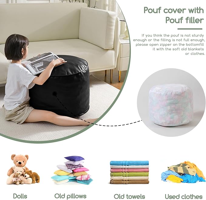 HIGOGOGO Round Stuffed Pouf Ottoman, Pu Leather Poufs with Foam Chunk Filling, Furry and Fluffy Pouf Foot Stool Storage Ottoman, 20 X 15 Floor Poufs Foot Rest for Living Room, Black