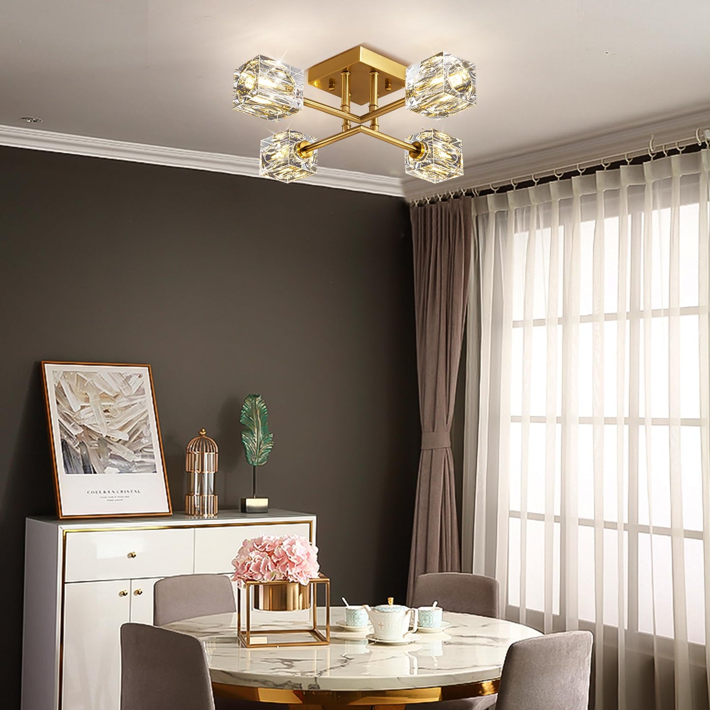 OKES Gold Modern Sputnik Chandelier Ceiling Light Fixtures,4-Lights Industrial Crystal Semi Flush Mount Ceiling Light for Bedroom Dining Room Hallway Kitchen Bedroom Entryway