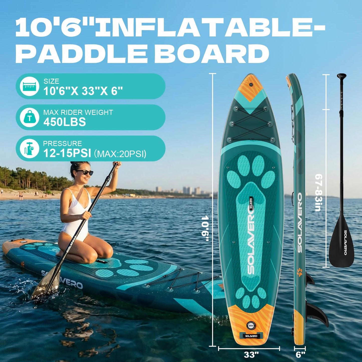 SOLAVERO 10'6" Inflatable Stand Up Paddle Board with SUP Accessories,Non-Slip EVA Deck,Blow Up Paddleboard for Adults & Youth of All Skill Levels