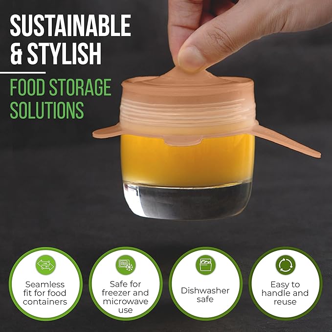 Reusable Silicone Stretch Lids for Food Storage in Fridge - Elastic Heat-Resistant Bowl Covers, Cups, Cans, Jars - Universal Food Grade Lid for Round and Rectangle Containers -7 Pack - Peach Glow