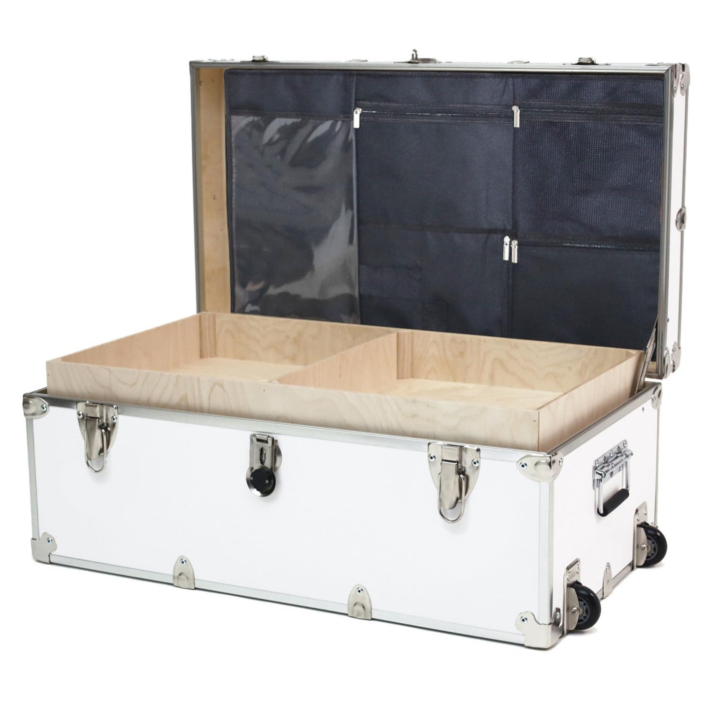 Large Essential Trunk With Wheels, Tray, & Lid Organizer - 32"x18"x14", 1000+ lbs Capacity. Strong, USA Made Summer Camp Footlocker, and Secure College Dorm Storage Chest
